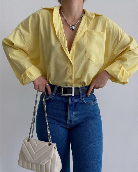 Yellow Blouse Outfit, Yellow Shirt Outfit, Yellow Button Up Shirt, Shirt Outfit Summer, Oval Pendant Necklace, House Clothes, Yellow Shirt, Yellow Blouse, Yellow Shirts