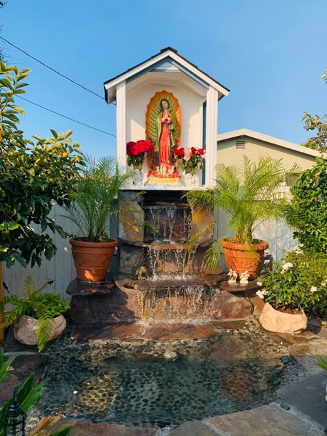 Virgin Mary Altar Outside, Backyard Shrine Virgin Mary, Virgin Mary Outdoor Altar, Garden Grotto Virgin Mary, Virgin Mary Home Altar, Mexican Styled Houses, Hacienda Homes Ranch Style, Bedroom Altars, Virgin Mary Garden Shrine