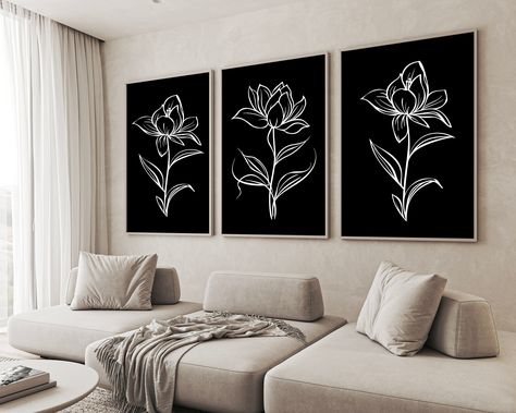 Modern Flowers Wall Art Set Of 3, Botanical Wall Decor, Plant Wall Art, Black Home Decor, Flower Wall Print, Black Wall Art, White Line Art by MurusOrnatum on Etsy Black And White Abstract Flower Art, Plant Art Black And White, Flower Frame Black And White, Black And White Flower Mural Wall, Black And White Flower Picture Set, Line Flower, Botanical Wall Decor, Black Wall Art, Modern Flower