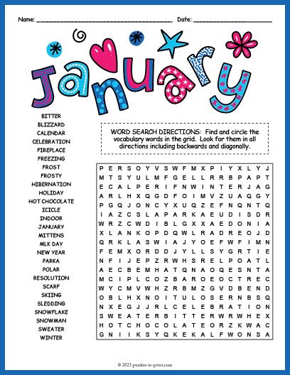 Free Printable January Word Search Challenging Word Search Free Printable, January Word Search For Kids, Winter Word Search Free Printable Kids, Middle School Word Search, January Library Activities, Winter Crossword Puzzle Free Printable, Free Printable Word Searches For Adults, Winter Word Search Free Printable, Free Word Search Puzzles Printables