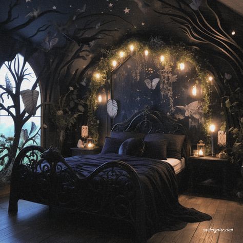 9 whimsy goth bedroom ideas to inspire dark creatives | violet gaze Celestial Room Aesthetic Bedroom, Dark Goth Bedroom, Dark Romantic Bedroom Ideas For Couples, Witchcraft Bedroom, Romantic Goth Bedroom, Dark Fantasy Bedroom, Room Asthetics, Goth Bedroom Decor, Gothic Whimsy