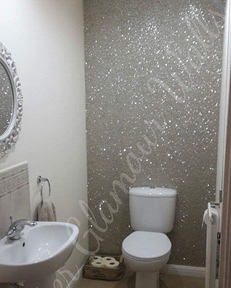 Silver glamour range glitter wallcovering used in this WC. All white with a silver accent. Very modern crisp and clean look. Glitter Accent Wall, Silver Glitter Wallpaper, Glitter Bathroom, Glitter Bedroom, Paint For Walls, Glitter Home Decor, Glitter Room, Glitter Paint For Walls, Silver Bathroom