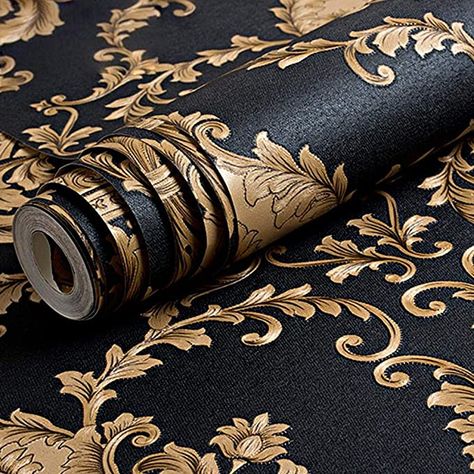 QIHANG Vintage Classic Black&Copper French Modern Damask Feature Wallpaper Wall Paper Roll for Living Room Bedroom Tv Backdrop 0.53m*10m=5.3M2, Wallpaper - Amazon Canada Gold Damask Wallpaper, Medallion Wallpaper, Vinyl Wall Covering, Wallpaper For Wall, Embossed Wallpaper, Gold Luxury, How To Install Wallpaper, Luxury Wallpaper, Damask Wallpaper