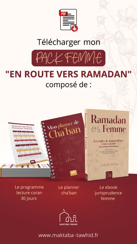 Voici ce que contient notre pack 100 % gratuit "En route vers Ramadan"

- Un planner à utiliser tout au long du mois de Cha'ban pour te préparer à accueillir le mois de Ramadan.

- Un eBook pour apprendre ou réviser les règles du jeûne que toutes les femmes musulmanes doivent connaître

- Un planning de lecture du Coran en 30 jours 

Profites-en et n'hésite pas à partager ! Ramadan, Like Button, Pinterest Likes