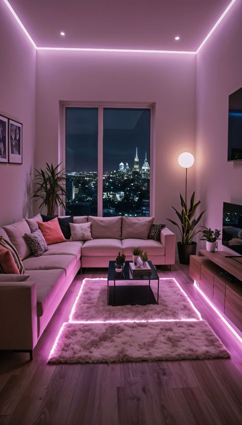 Light Color Furniture Living Room, Cool Small Living Room Ideas, Led Lights Living Room Aesthetic Cozy, Light Pink Living Room Ideas, Black Light Living Room, Pink Lighting Aesthetic, Aesthetic Room Organization Ideas, Led Light Living Room Ideas, Living Room Designs With Carpet