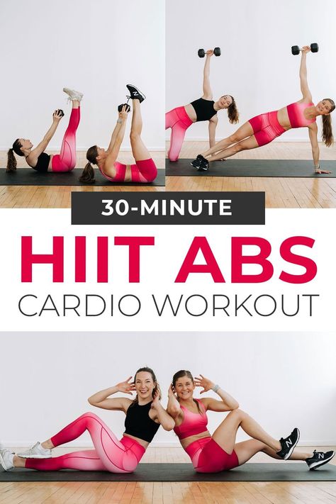 CARDIO and ABS! This belly fat burning, 30-Minute Cardio Abs Workout is HIIT for your abs. These 10 ab exercises target the lower abs, upper abs, obliques and deep transverse abdominal muscles. Tone your midsection and burn calories at home (modifications offered for all fitness levels). Burn belly fat at home with this killer cardio and abs routine. Ten weighted ab exercises that will challenge your core from every angle -- lower abs, upper abs, and obliques. 30 Min Abs Workout, Core Hiit Workouts At Home, Core With Weights Ab Exercises, Hiit Ab Workout At Home, Hit Core Workout, 30 Minute Ab Workout At Home, Hiit Core Workout At Home, Core And Cardio Workout At Home, Hiit Abs Workout Fat Burning