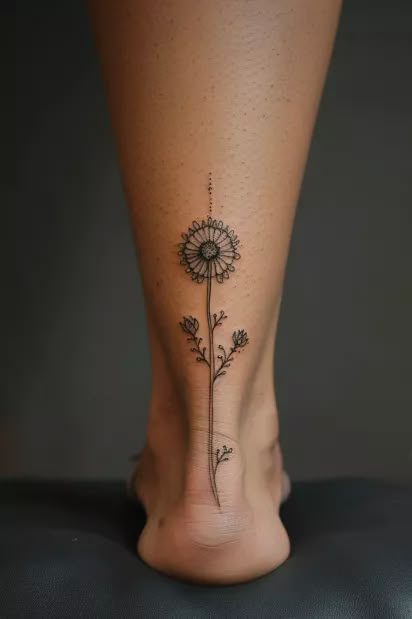 Small Back Leg Tattoos Women, Foot Tattoo Placement Ideas, Leg Back Tattoos Women, Dandelion Sleeve Tattoo, Small Shin Tattoos For Women, Back Of The Ankle Tattoos For Women, Brown Flower Tattoo, Cool Ankle Tattoos For Women, Delicate Foot Tattoos For Women