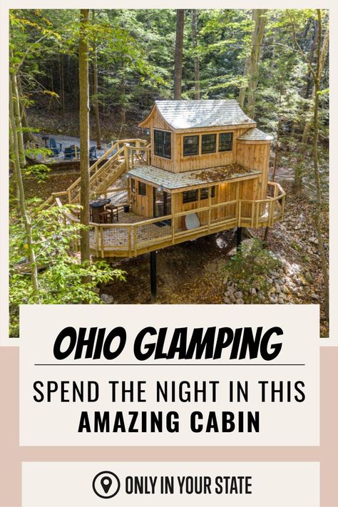 Looking for a unique glamping getaway? Relax and enjoy nature in this beautiful treehouse cabin located in Ohio's incredible Hocking Hills. | Travel | Outdoors | Camping Unique Glamping, Camping In Ohio, Treehouse Cabins, Ohio Travel, Hocking Hills, Hidden Beach, Travel Outdoors, Camping Glamping, Creature Comforts