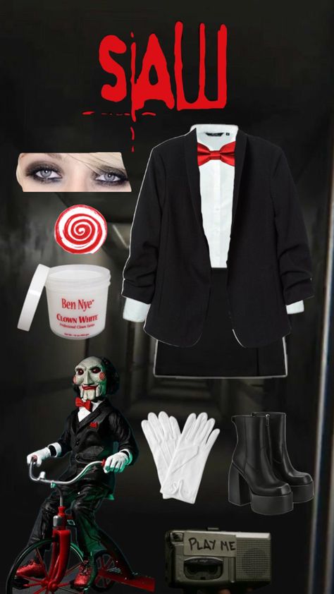 saw movies jigsaw Female Saw Costume, Jig Saw Halloween Costume, Female Jigsaw Costume, Saw Costume Female, Jigsaw Cosplay, Saw Cosplay, Jigsaw Costume Women, Saw Costume, Jigsaw Makeup