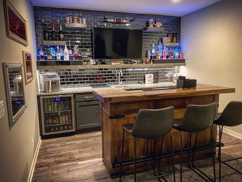 Small Bar Ideas For Basement, Bar With Tv And Shelves, Homemade Basement Bar, Rec Room Bar Ideas, Basement Bar Ideas With Refrigerator, Upstairs Bar Ideas, Home Bar Makeover, Man Cave Kitchenette, Small Room Bar Ideas