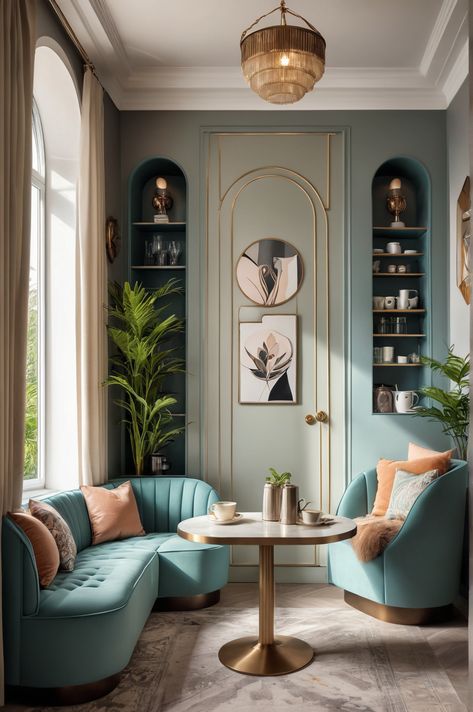 10 Ideas and Inspiration for Art Deco Style Coffee Nooks - afullmug.com Art Deco Interior Small Spaces, Spanish Art Deco Interior, Relaxing Nook Cozy Corner, Living Room With Coffee Corner, Cozy Nook Living Room, 1920s Office, Art Deco Interior 1920s, Tea Nook, Coffee Nook Ideas