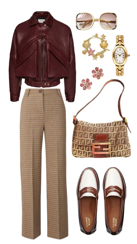 Brown Houndstooth Pants Outfit, Brown Plaid Pants Outfit, Houndstooth Pants Outfit, Brown Plaid Pants, Plaid Pants Outfit, Dress Pants Outfits, Plaid Dress Pants, Houndstooth Pants, Burgundy Top