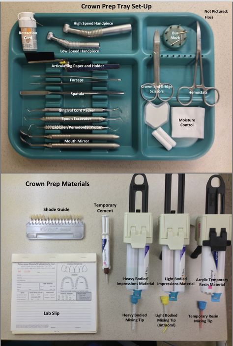 🔶Crown prep tray          🔸If a build up is needed you will then to get bond, composite and the curing light. Dental Assistant Study Guide, Dental Notes, Dental Assistant School, Dental Hygienist School, Tooth Implant, Dental Assistant Study, Dentist Assistant, Dental Nurse, Dental Hygiene Student