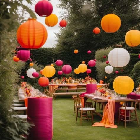 Spring Boho Wedding Reception, Colourful Backyard Wedding, Summer Soiree Decorations, Colorful Dance Floor, Colourful Outdoor Wedding, Colourful Wedding Reception, Sunset Garden Party, Japanese Garden Party, Sunset Wedding Decorations