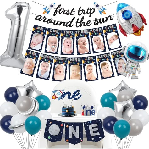 PRICES MAY VARY. 【First Trip Around the Sun Birthday Decorations】This first trip around the sun theme decorations perfect for your baby's one year old birthday. It includes 16 X 12" Matte Balloons (White*4, Grey*8, Light Blue*4, Dark Blue*4),1 X 14"of Moon Balloon, 1 X 24"of Rocket Balloon, 1 X 24"of Astronaut Balloon, 2 X 18" Silver Star Foil Balloons, 1 X "first trip around the sun" Banner, 1 set of monthly Photo Banner, 1 X "ONE" High Chair Banner, 1 X Cake Topper, 1 X Birthday Hat, 1 X 40" N Ofishally One Birthday Decorations, Sun Birthday Decorations, First Birthday Fishing, Ofishally One Birthday, Outer Space Party Favors, Rocket Balloon, Matte Balloons, First Birthday Decorations Boy, One Birthday Theme