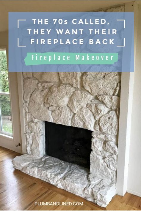 An ugly fireplace from the 70s gets a makeover. #fireplacemakeover #fireplaceideas #70sfireplace #70'sfireplace #fireplace Lava Rock Fireplace, Fireplace Updates, Before And After Fireplace, Fireplace Remodel Diy, Fireplace Makeover Ideas, Easy Fireplace, Reface Fireplace, Painted Stone Fireplace, Room Decor On A Budget