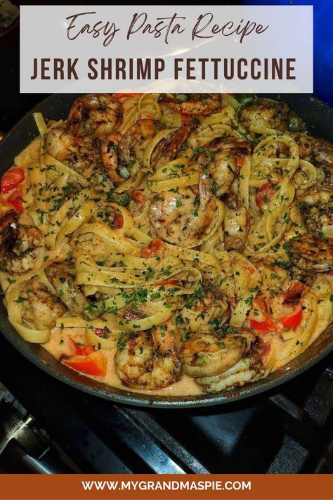 Close-up of Jerk Shrimp Fettuccine with Parmesan Cheese. Jamaican Jerk Shrimp Pasta, Jerk Shrimp Fettuccine, Jerk Shrimp Recipe, Jerk Chicken And Shrimp Pasta, Jerk Shrimp Alfredo Pasta, Jerk Pasta Recipe, Jerk Alfredo Pasta Recipe, Jerk Pasta Salad, Seafood Fettuccine