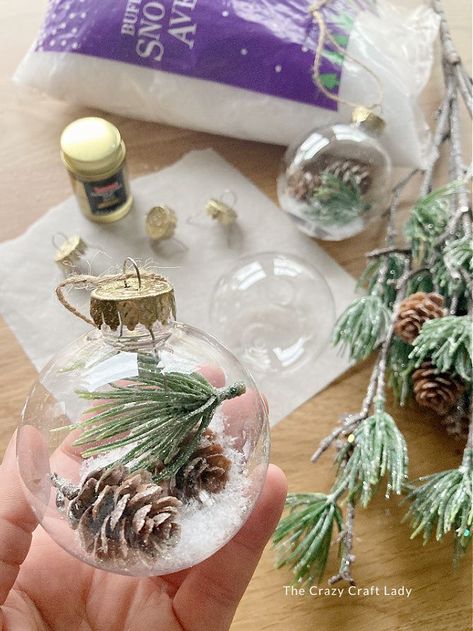 DIY pine snow globe ornaments Plastic Globe Ornaments, Projects With Clear Ornaments, Diy Craft Christmas Ornaments, Diy Ornaments Unique, Glass Ball Ornament Ideas Easy Diy, Clear Tree Ornament Ideas, Diy Filled Christmas Ornaments, Christmas Glass Ornaments Diy Ideas, Glass Christmas Balls Ideas