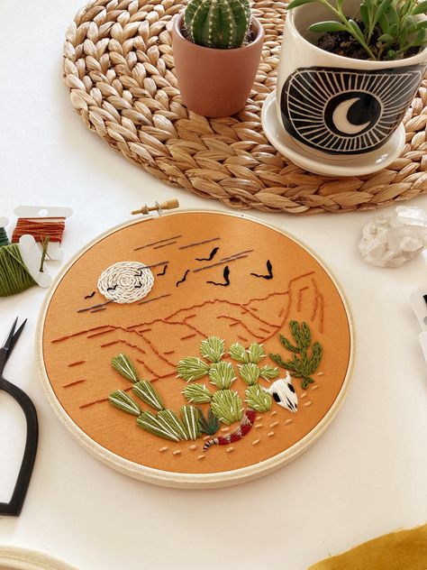 embroidery ideas Desert Embroidery Design, Desert Embroidery Pattern, Desert Embroidery, Embroidery Pins, Desert Canyon, Pdf Embroidery Pattern, Halloween Elements, Beautiful Desert, Beginner Embroidery