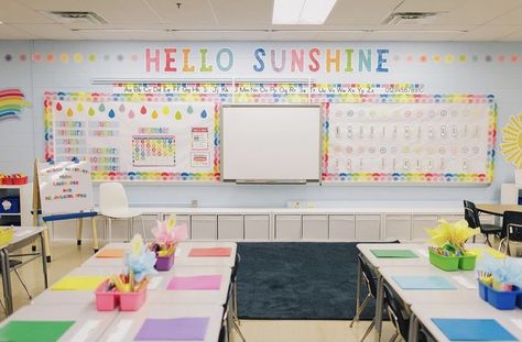 Rainbow Aesthetic Classroom, Colorful Bulletin Boards Classroom Decor, Classroom Themes Colorful, Colorful Elementary Classroom, Bright Colored Classroom Theme, Rainbow Preschool Theme Classroom Decor, Colorful Kindergarten Classroom Themes, Rainbow Kindergarten Classroom, Hello Sunshine Classroom Decor