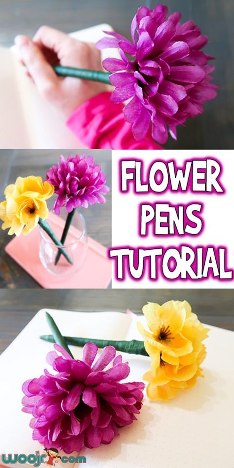 Flower Pens Tutorial Cricut Flower, Mops Crafts, Pen Toppers, Easy Flowers, Pen Craft, Flower Pens, Pen Diy, Mothers Day Crafts For Kids, Floral Tape