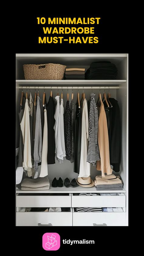 A collection of minimalist wardrobe essentials featuring organized classic clothing options. This pin showcases must-have pieces for a stylish and practical closet. Black White Capsule Wardrobe, White Capsule Wardrobe, Minimalist Wardrobe Capsule, Minimalist Wardrobe Essentials, Essentials Checklist, Organized Closet, Essential Wardrobe Pieces, Perfect White Shirt, Decision Fatigue