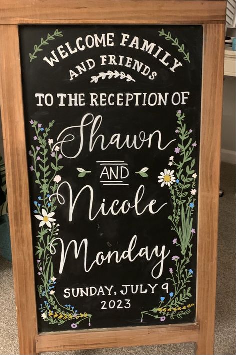 Chalk Signs Lettering, Chalk Welcome Sign Wedding, Wedding Welcome Sign Chalkboard Diy, Wedding Chalkboard Signs Reception, Wedding Blackboard Sign, Wedding Chalk Board, Anniversary Chalkboard Art, Chalk Wedding Signs, Floral Chalkboard Art