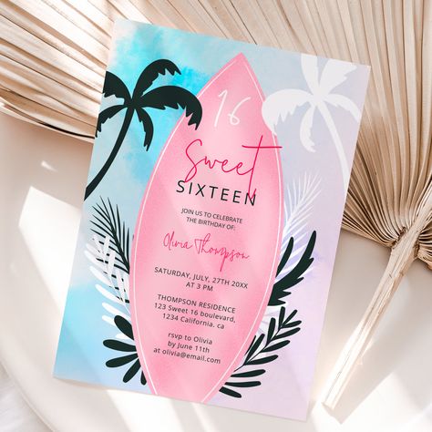 Summer Sweet 16, Surf Beach Party, Tropical Sweet 16, Pink Surfboard, Beach Surfboard, Summer Birthday Invitations, Sweet Sixteen Birthday Invitations, Sweet 16 Themes, Birthday Party Pink