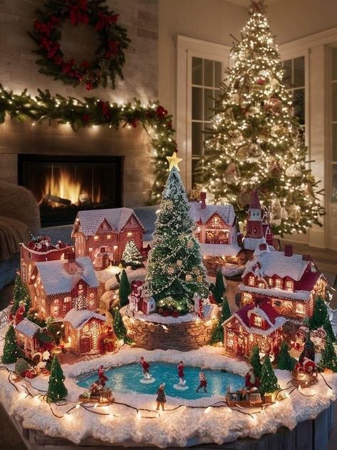 Christmas Village Real Life, Christmas Village In Tree, Christmas In The City Village Display, Christmas Village Under The Tree, Fall Village Display, Elf Village Decorations, Diy Village Display Ideas, Holiday Village Display Ideas, Dept 56 Display Ideas