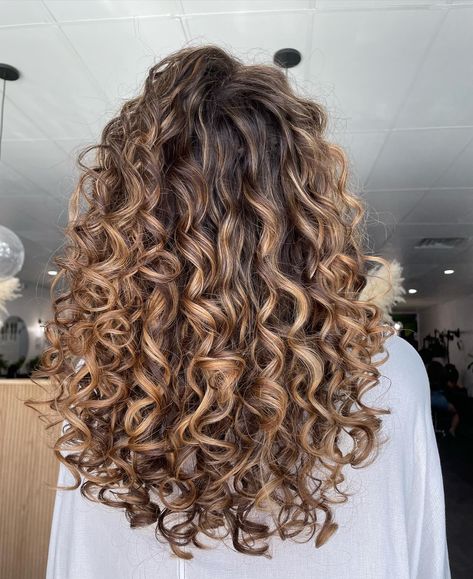 Highlight Ideas For Curly Hair, Dark Curly Hair With Balayage, Curly Hair With Balayage Highlights, Curly Hair With Blonde Ends, Highlights For Dirty Blonde Hair Curly, Brunette Permed Hair, Boliage Hair Curly Hair, Caramel Balayage Brunette Curly Hair, Curly Hair Color Ideas Highlights Caramel Curls