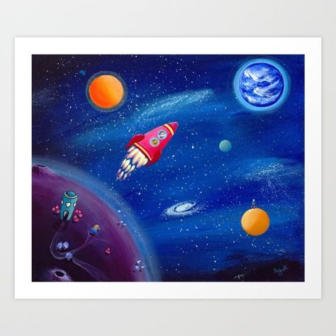 Collect your choice of gallery quality Giclée, or fine art prints custom trimmed by hand in a variety of sizes with a white border for framing. Nursery Planets, Outer Space Drawing, Outer Space Decor, Nasa Art, Outer Space Nursery, Outer Space Art, Space Drawing, Journey Art, Outer Space Decorations