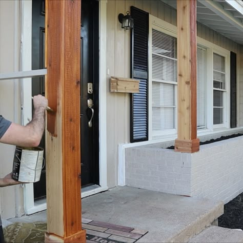 If you're looking to improve the curb appeal on your house, then you've come to the right video because this will show you how to wrap two cedar posts for less than $100.  This was by far the biggest improvement to the front of the house and it really makes this stand out from the rest of the houses in the neighborhood, just by adding cedar wood. Cedar Wood Posts Front Porch, Wood Posts Front Porch Farmhouse, Wrapping Porch Posts, Stain For Cedar Beams, Wood Post Wrap Ideas, Front Entrance Post Ideas, Wrapped Patio Posts, Cedar Porch Posts Columns, Porch Beam Wrap