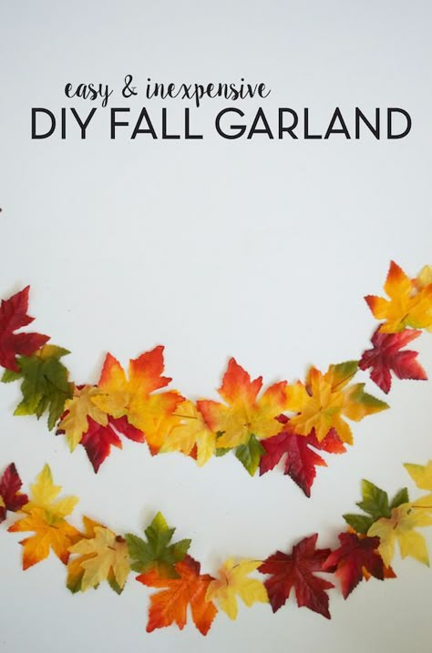 Easy & Inexpensive DIY Fall Garland. Made from dollar store leaves! Thanksgiving Decor | Fall Craft Idea Leaves Classroom Theme, Nature Candles, Leaf Bunting, Fall Garland Diy, Diy Projects For Fall, Diy Fall Garland, Autumn Leaves Craft, Autumn Farmhouse, Fall Leaf Garland