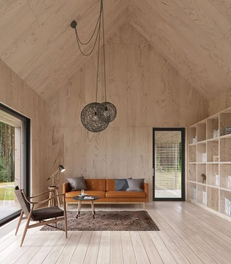 How To Add Character To Basic Architecture: Unfinished and Raw Wood Ply Interiors, Plywood Interior Walls, Plywood Ceiling, Plywood Interior, Plywood Walls, Modern Cabin, Wood Interiors, Interior Modern, Prefab Homes