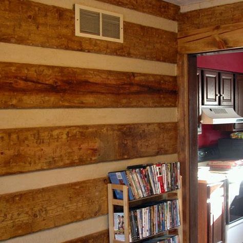 Paint rv cream, attach hooks, hang boards on outside to mimic log cabin. Set up false roof. Keep the nosy neighbors away! Faux Cabin Walls, Log Cabin Walls, Log Cabin Makeover, Log Cabin Rooms, Cabin Walls, Log Walls, Cabin Makeover, Log Cabin Interior, Log Home Interiors