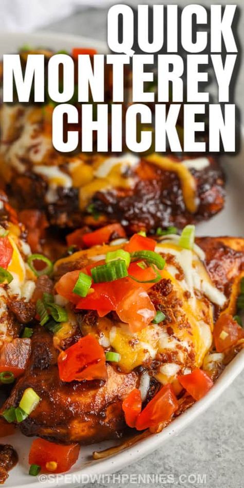 Monterey Chicken is a one pan casserole bake that can be made in oven or skillet. This simple recipe is easy to make and simple to customize. Sub out Monterey Jack cheese with Cotija, or make Monterey Chicken into a burrito, a taquito, or a simple sandwich. Serve it over rice or pasta for a dinner time entree the whole family will love. #spendwithpennies #montereychicken #baked #casserole Baked Monterey Chicken, Monterey Chicken Bake, Monterey Jack Chicken, One Pan Casserole, Monterrey Chicken, Easy Baked Chicken Breast Recipes, Casserole Bake, Easy Baked Chicken Breast, Monterey Chicken