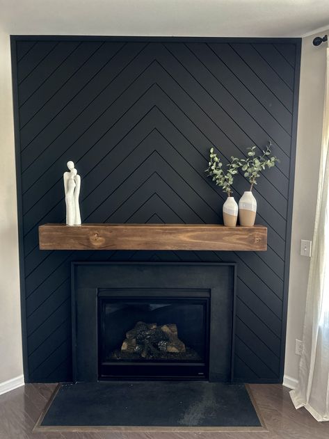 Wood Black Home Decor, Black Fireplace Wall Corner, Fireplace Mantle Minimalist, Dark Shiplap Fireplace Wall, Black Fireplace In Bedroom, Black Tile And Shiplap Fireplace, Black Faux Fireplace Mantel, Textures Fireplace Wall, Black Wood Fireplace Mantels