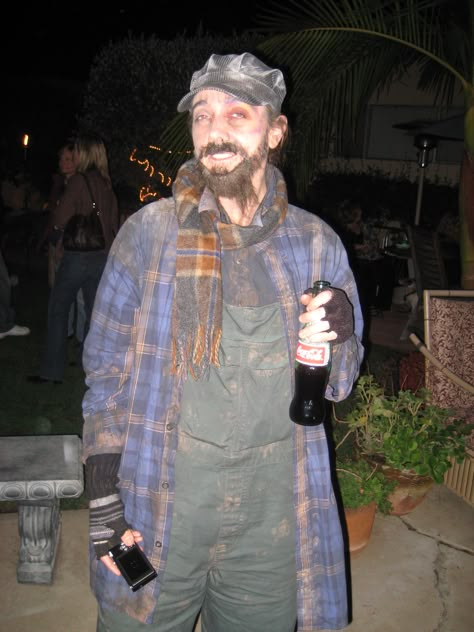 Back in the day, the "Hobo" costume was the way to go. I purchased most of the stuff at the thrift store and faux finished the "dirt" with black paint so I could wash it. I used a little talculm powder for "travel dust" Hobo Party Costume, Hobo Costume Ideas, Hobo Style Outfits, Homeless Costume, Homeless Aesthetic Outfit, Hobo Party Ideas, Hobo Aesthetic, Hobo Costume, Hobo Outfit