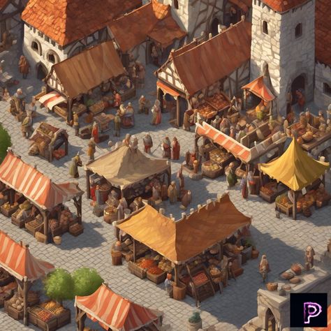 Step back in time to a bustling medieval marketplace, where vendors and townspeople bring a vibrant scene to life. 🏰🛡️   What historical wonders will your art capture today?   #AI #Art #PicassoAIArt #IsometricArt #MedievalMarket #History Midevil Market, Medieval Market Place, Fantasy Marketplace, Anime Composition, Medieval Marketplace, Medieval Dynasty, Minecraft Medieval Castle, Medieval Shop, Hollow Aesthetic