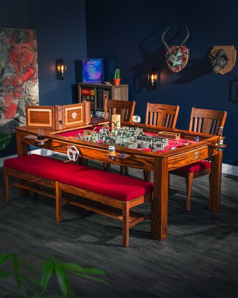 An epic DnD adventure on our top-tier furniture line, The Prophecy Gaming Table! 🔥 #furniture #gamingtable #dungeonsanddragons Table Top Game Room, Table Top Gaming Room, Dungeons And Dragons Game Room, D&d Game Room, Dungeons And Dragons Table, D&d Table, Dnd Game Room, D&d Room, Dnd Room Ideas