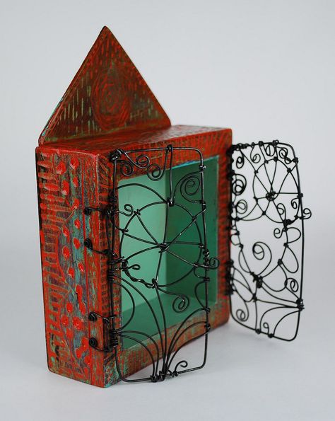 https://flic.kr/p/aNrt2X | shrine3-side-gilhooly | Bloom Shrine  9" x 6" x 2" wood, wire, carving and acrylic (c) 2011 Barbara Gilhooly  I love to make boxes! These are shrines I made for our upcoming "HANNA_HOOLY" Holiday Open House. The wire doors open and each has a different theme. They stand or hang on the wall. I envision them holding a dear treasure!  www.barbaragilhooly.com Wire Doors, Wall Shrines, Shrines Box, Shrines Art, Holiday Open House, Cardboard Sculpture, Clay Wall, How To Make Box, Artful Home