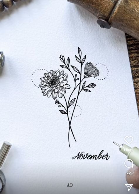 Tattoo November Flower, November Flower Tattoo Ideas, Chrysanthemum Simple Drawing, November Tattoo Flower, November And December Flower Tattoo, November Chrysanthemum Tattoo, Birth Flower November Tattoo, Chrysanthemum Tattoos For Women, Flower Tattoos November