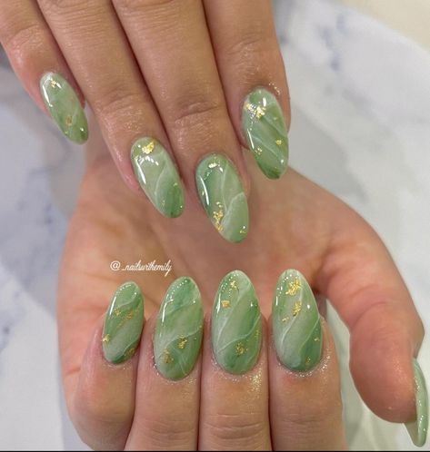 Dark Green Jade Nails, Jade Nails With Gold Flakes, Jade Green Nails Short, Jade Green Marble Nails, Green Ocean Nails, Dark Jade Nails, Jade Inspired Nails, Jade Nails Short, Jade Stone Nails