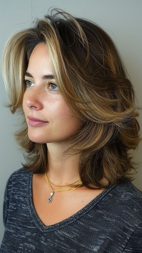 28 Trendy Feathered Haircuts to Reinvent Your Style Short Hair Feather Cut, Feather Cut Short Hair, Lightly Layered Hair Medium, Women’s Medium Length Hairstyles, Short Layered Hair With Highlights, Women’s Layered Short Hairstyles, Wavy Haircuts Medium Layered, Layers For Short Length Hair, Short Flipped Out Hair