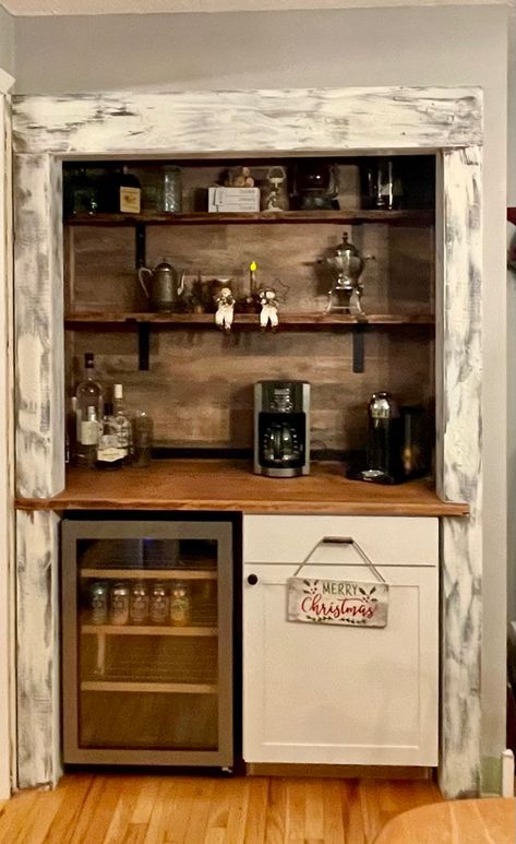 This was a closet off our kitchen that we turned into a coffee bar. Small Wine Rooms In House, Cubby Bar Ideas, Coffe Closet, Home Library With Coffee Bar, Pantry Converted To Coffee Bar, Coffee Bar Closet Ideas, Coffee Bar In Closet Ideas, Closet Turned Butlers Pantry, Diy Closet Bar