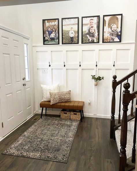 Foyer Ideas Entryway Family Photos, Entryway Wall Behind Door, Long Hall Entryway, Wainscoting Mudroom Entryway, Tall Entryway Wall Ideas, Tall Entry Way Ideas, Entryway Ideas Long Entry Hall, Wall Behind Front Door, Entryway Open Concept