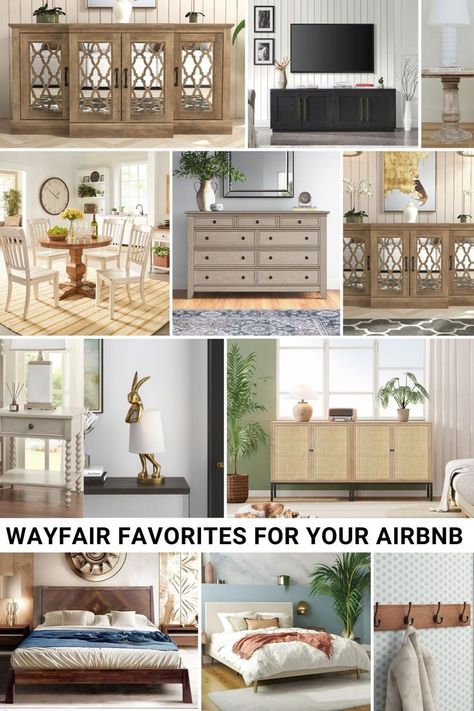 A picture of beds, mattresses, dressers, chairs, tables, table sets, cabinets, dressers, nightstands, and other favorite items you can find on Wayfair for your Airbnb or short term rental. Mid Term Rental, Airbnb Aesthetic, Airbnb Essentials, Design Airbnb, Airbnb Hosting, Airbnb Ideas, Hosting Ideas, Hosting Tips, Rental Kitchen