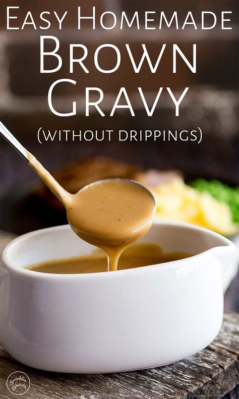 Learn how to make Homemade Brown Gravy from scratch. So easy, this gravy can be made without drippings as it is thickened with flour. The flavor comes from beef broth/stock whilst the rich texture comes from some butter and a splash of heavy cream. The perfect gravy for serving with your beef roast, pork chops or sausage and mashed potatoes. Brown Gravy From Scratch, Make Brown Gravy, Gravy Without Drippings, Beef Gravy Recipe, Homemade Brown Gravy, Turkey Gravy From Drippings, Homemade Gravy Recipe, Brown Gravy Recipe, Gravy From Scratch