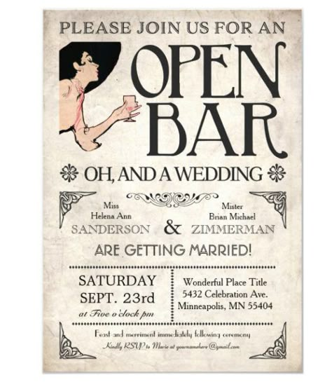 Open Bar Wedding, Funny Wedding Invitations, Terrace Ideas, Bar Wedding, Vintage Invitations, Funny Wedding, Open Bar, Salou, Vintage Wedding Invitations