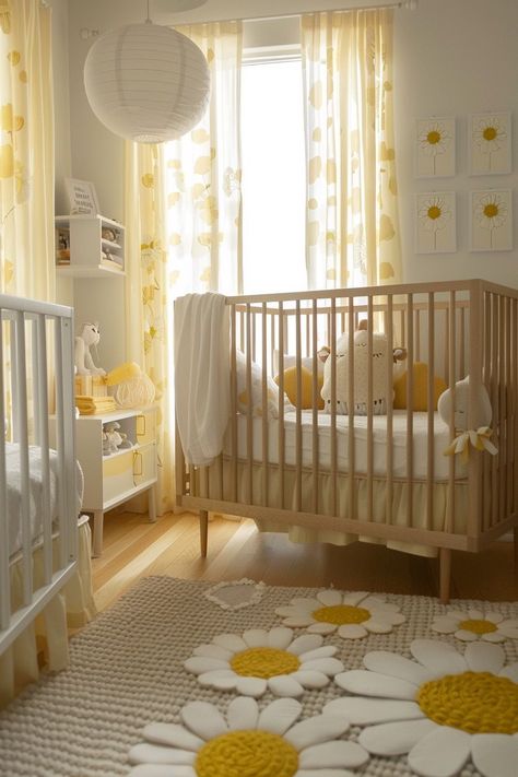 Daisy Inspired Nursery, Yellow Gray Nursery, Yellow Theme Nursery, Cute Nursery Ideas Colorful, Pink And Yellow Nursery Girl, Girl Nursery Ideas Colorful, Baby Girl Nursery Flowers, Citrus Nursery Theme, Yellow Baby Girl Nursery